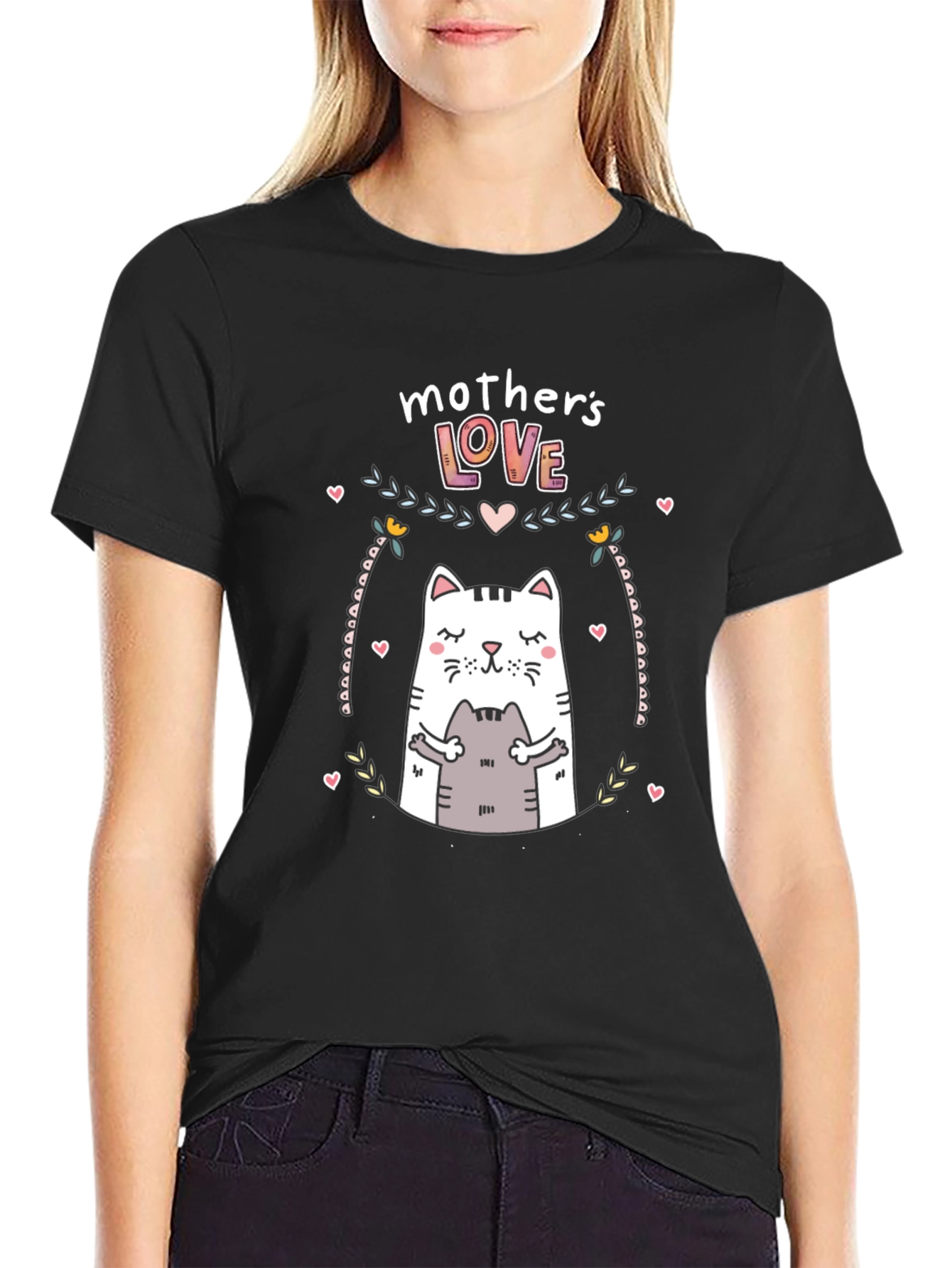 Mothers Love Cat Graphic Black T-Shirt