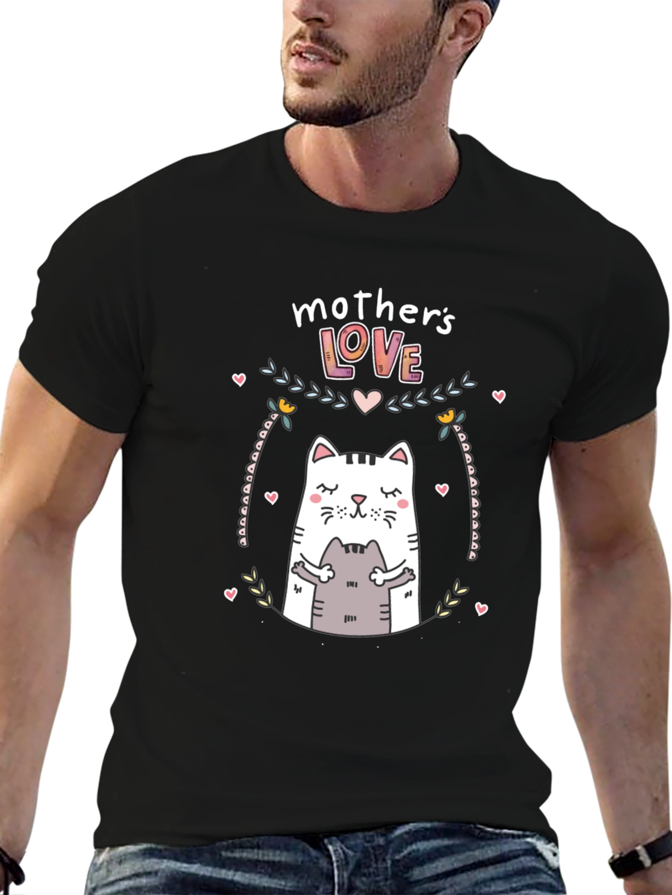 Mothers Love Cat Graphic Black T-Shirt