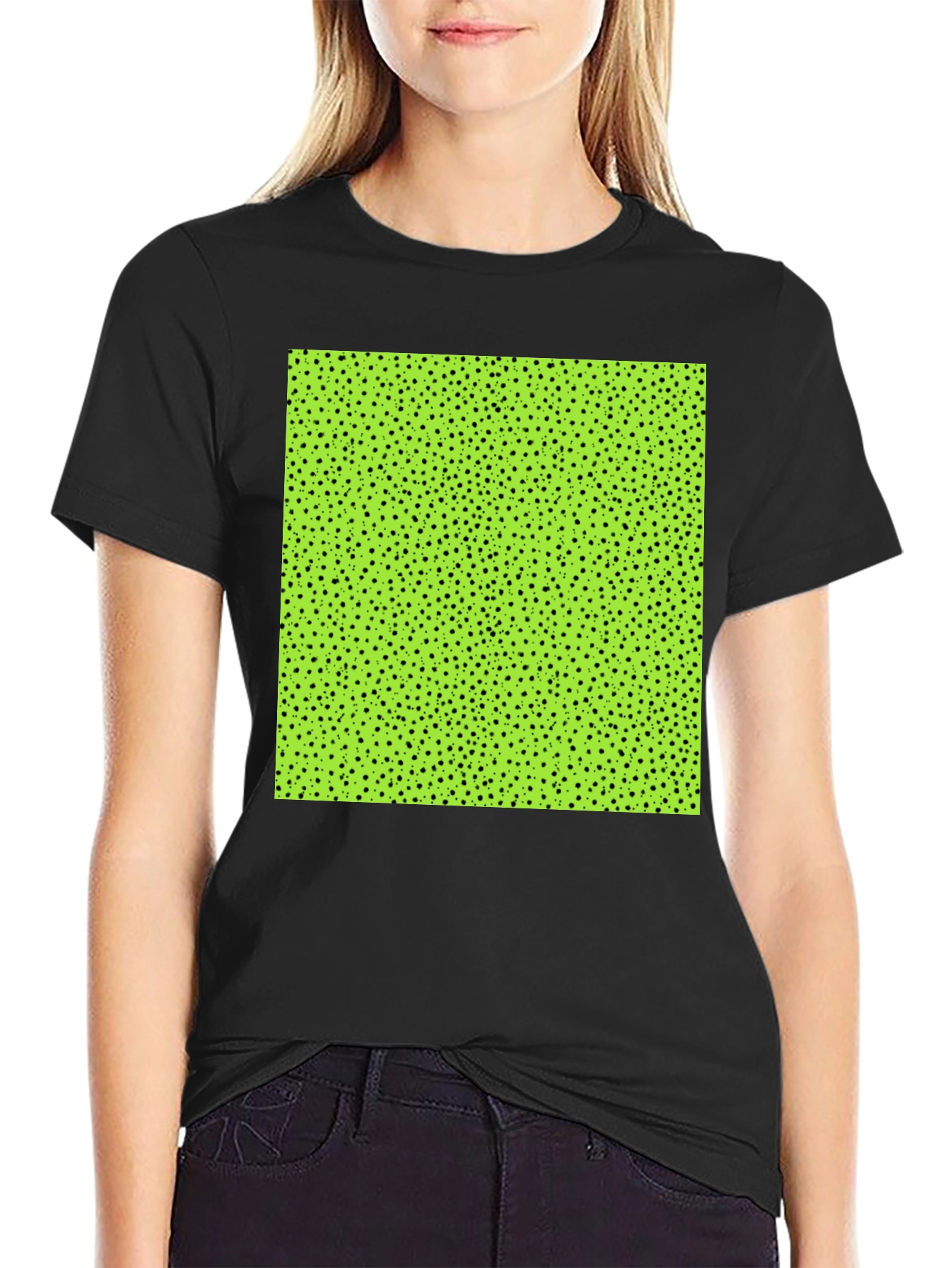 Modern Black Tee with Geometric Green Square Design