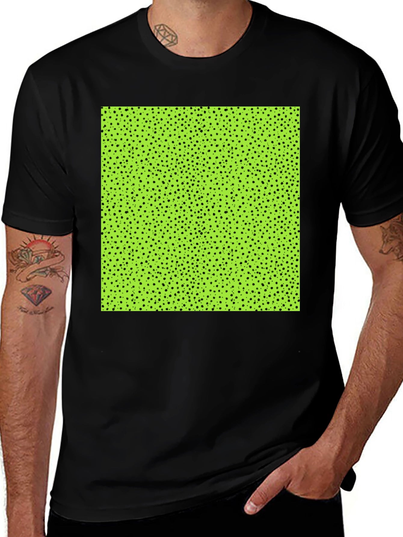 Modern Black Tee with Geometric Green Square Design