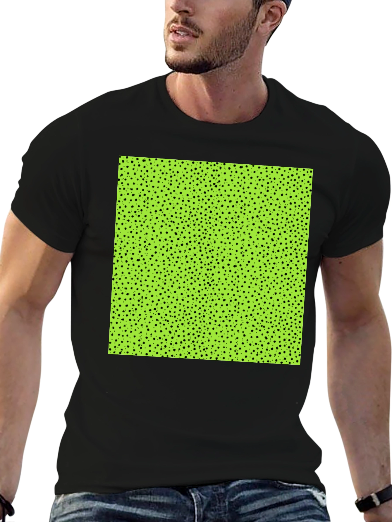 Modern Black Tee with Geometric Green Square Design