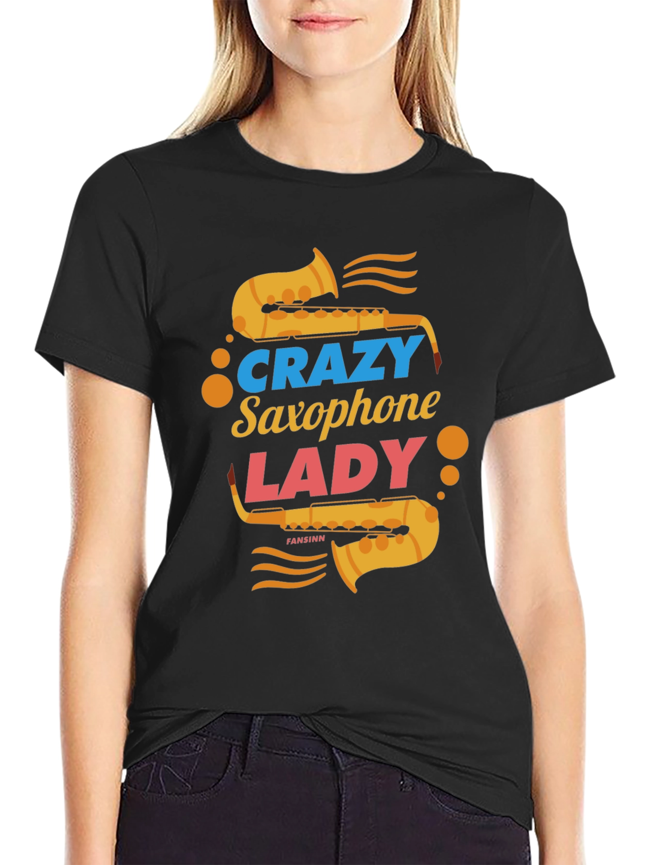 Crazy Saxophone Lady Black T-Shirt