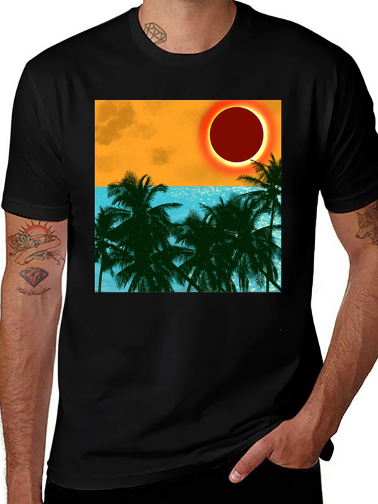 Tropical Eclipse Graphic Tee - Black Cotton T-Shirt