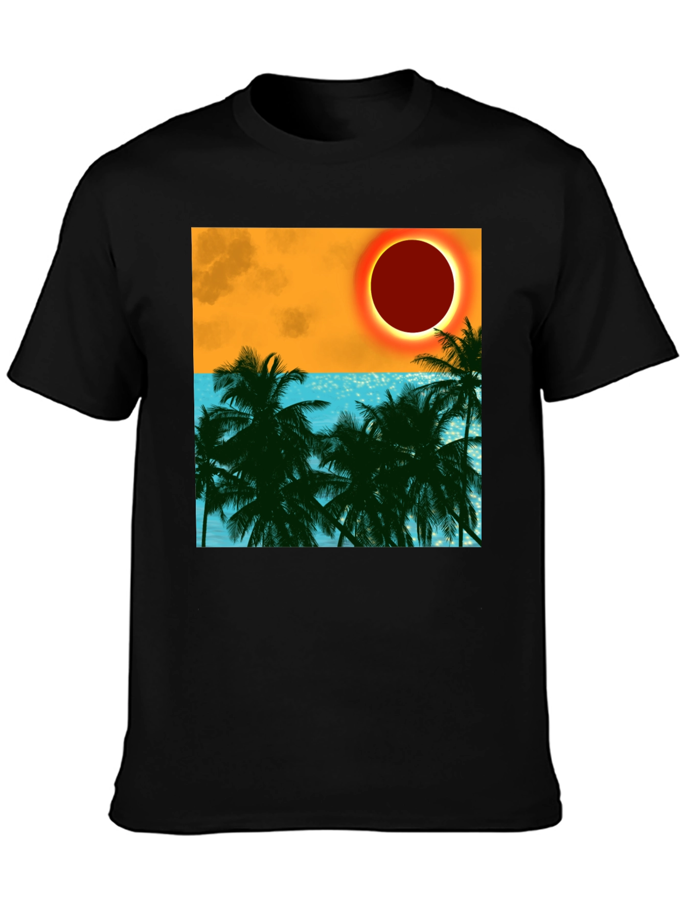 Tropical Eclipse Graphic Tee - Black Cotton T-Shirt