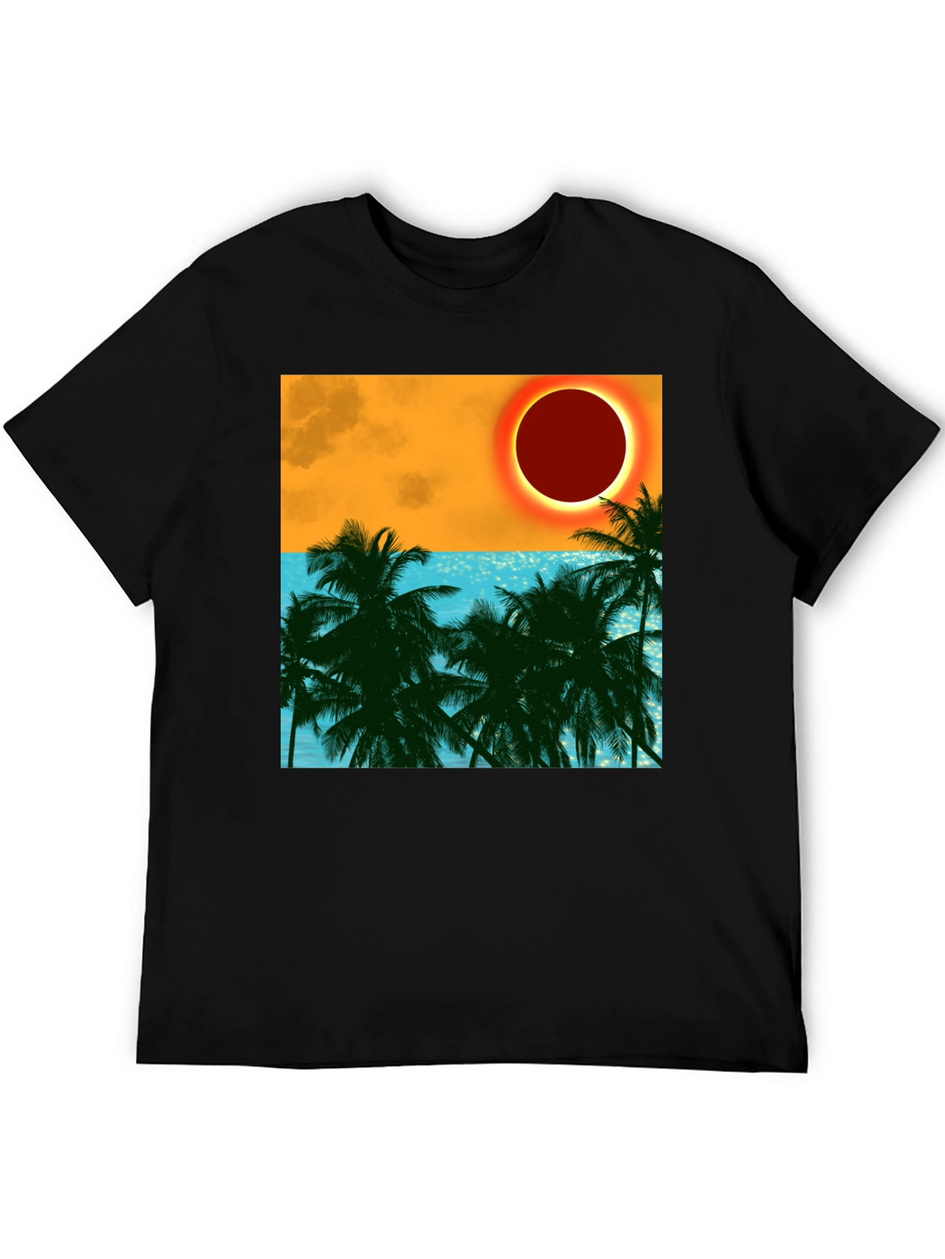 Tropical Eclipse Graphic Tee - Black Cotton T-Shirt