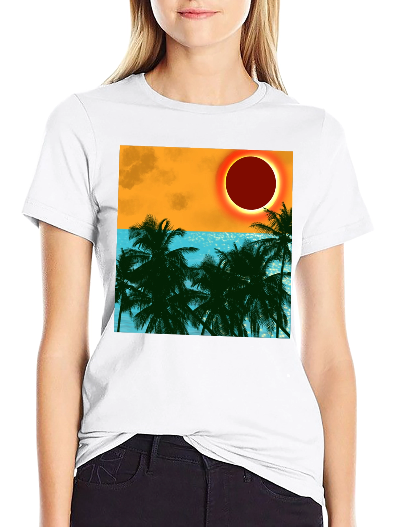 Tropical Eclipse Graphic Tee - Black Cotton T-Shirt