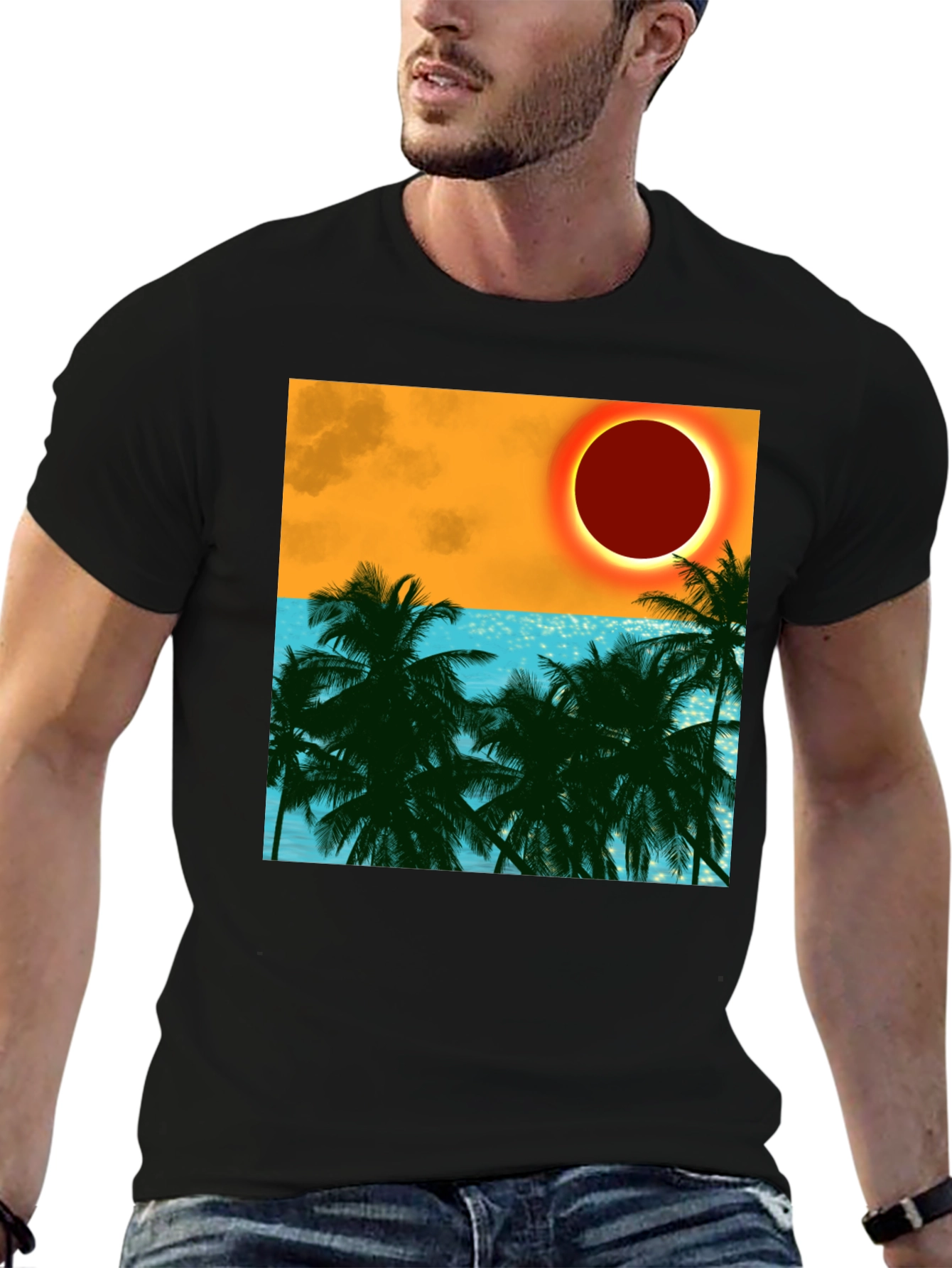 Tropical Eclipse Graphic Tee - Black Cotton T-Shirt