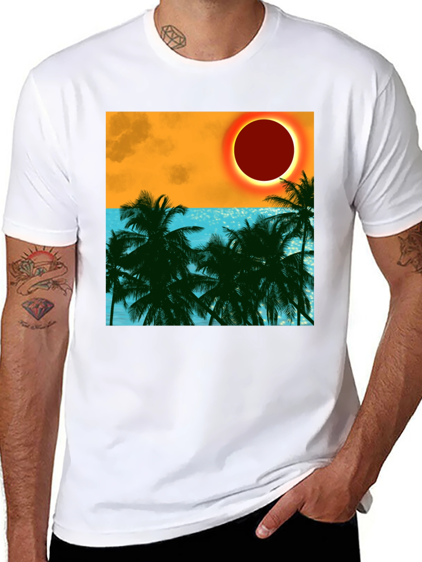 Tropical Eclipse Graphic Tee - Black Cotton T-Shirt