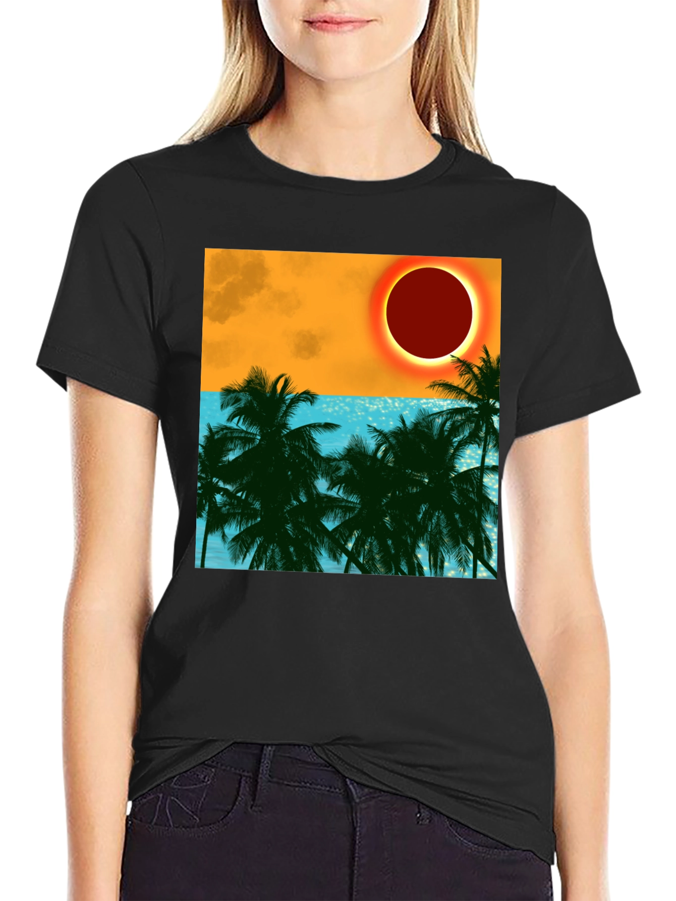 Tropical Eclipse Graphic Tee - Black Cotton T-Shirt