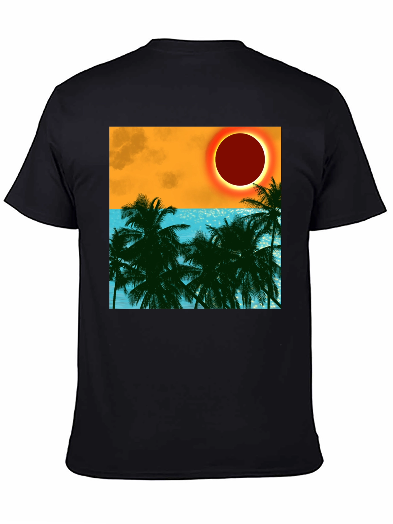 Tropical Eclipse Graphic Tee - Black Cotton T-Shirt