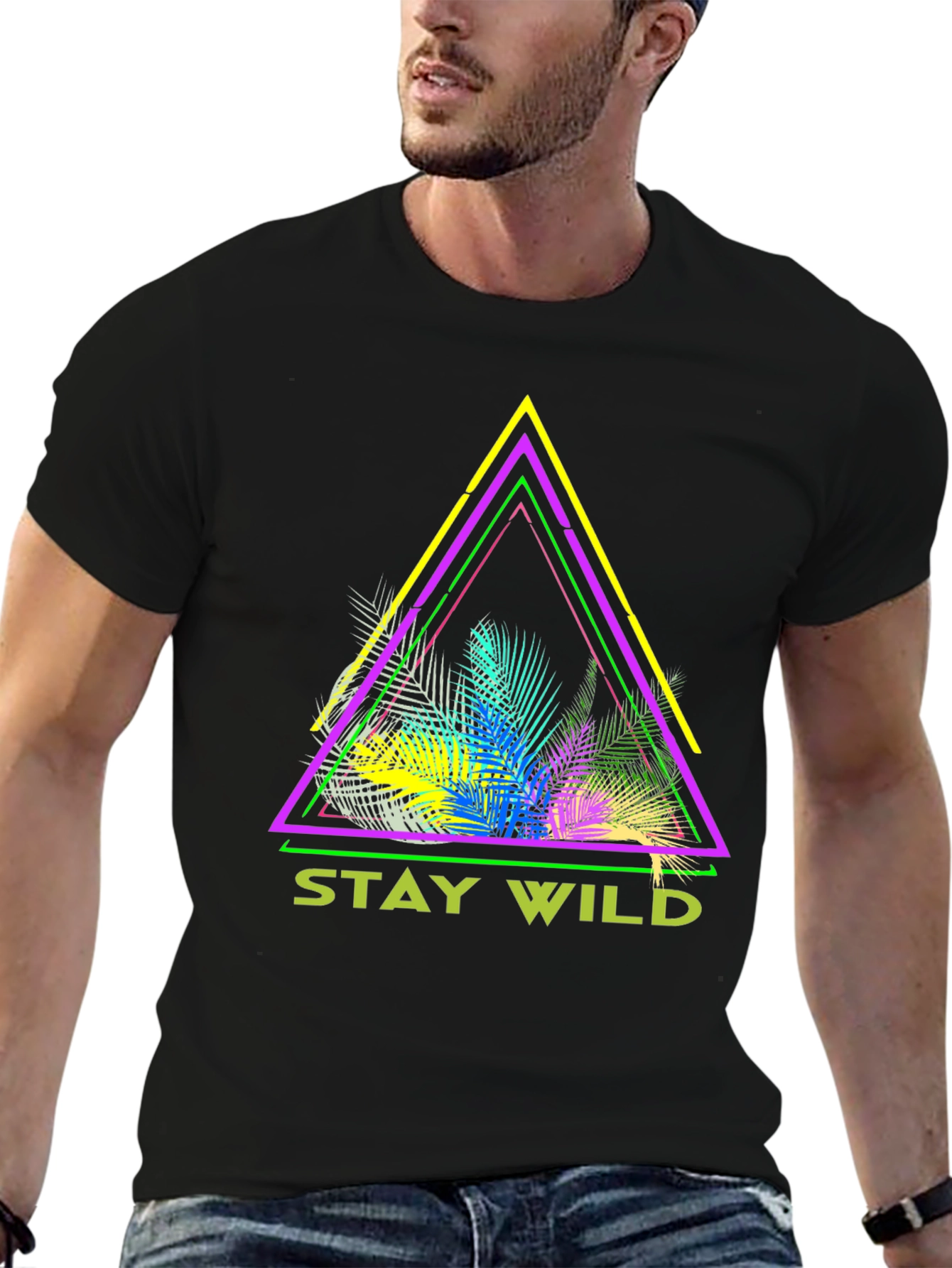 Stay Wild Graphic Tee - Neon Tropical Triangle Design