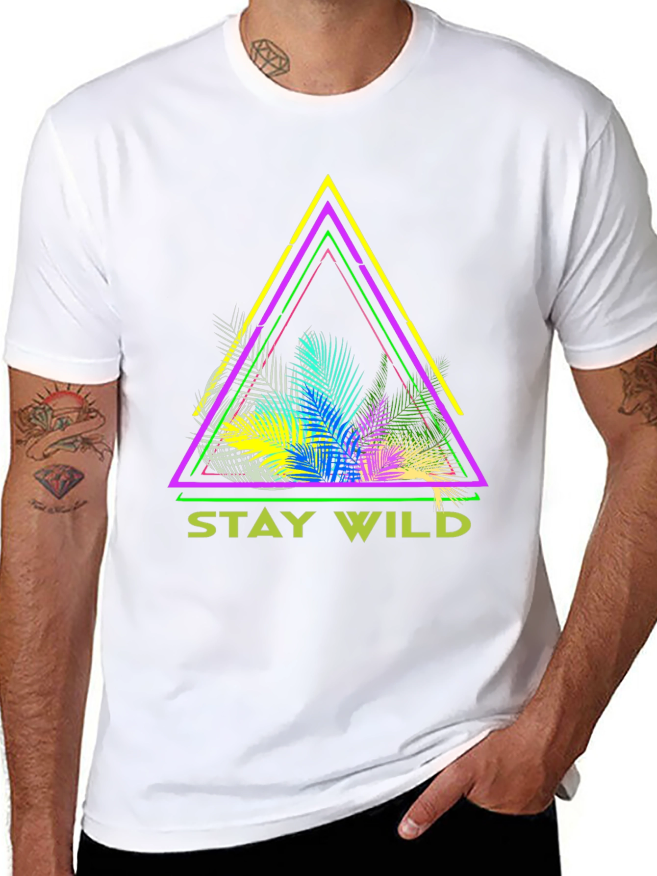 Stay Wild Graphic Tee - Neon Tropical Triangle Design