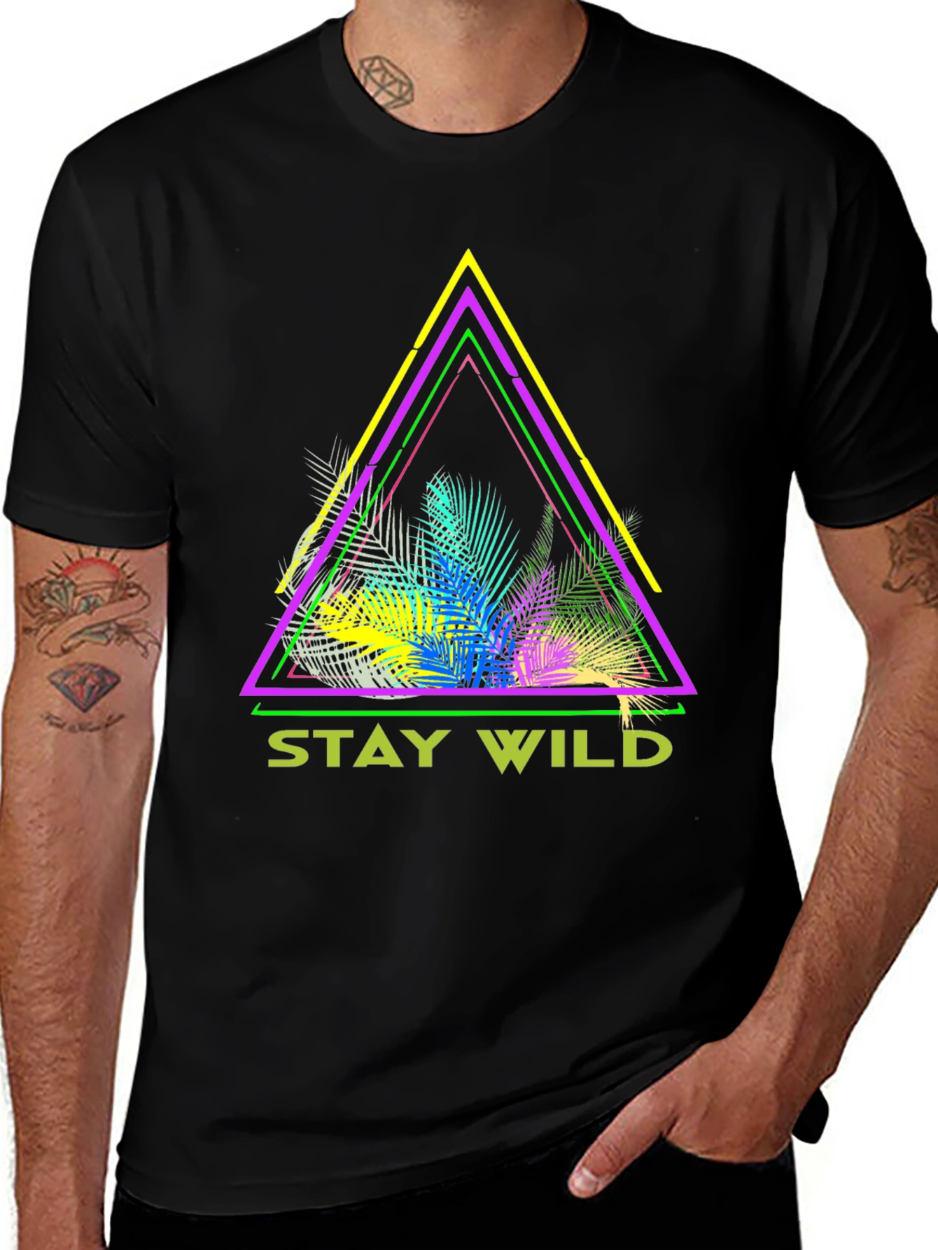 Stay Wild Graphic Tee - Neon Tropical Triangle Design