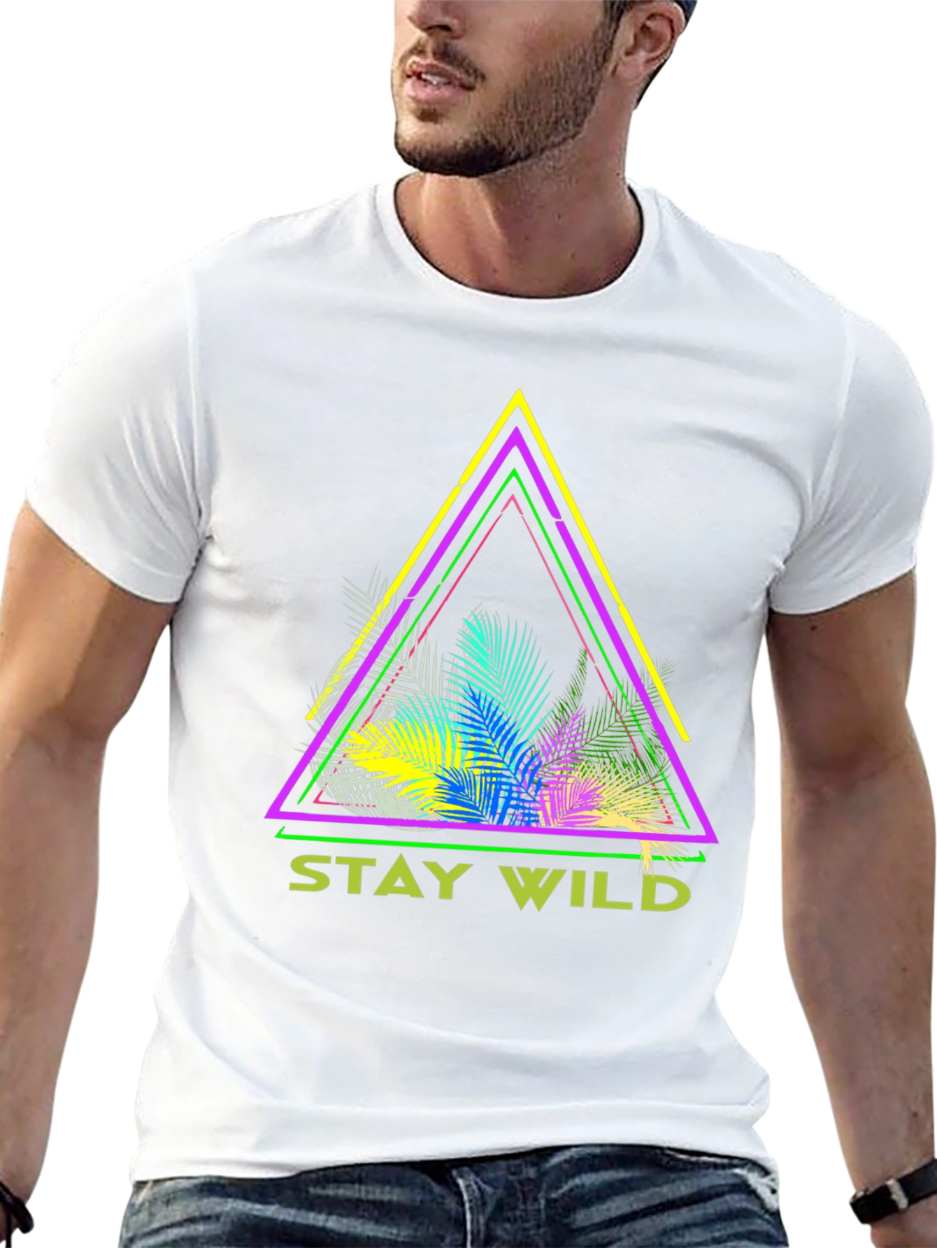 Stay Wild Graphic Tee - Neon Tropical Triangle Design