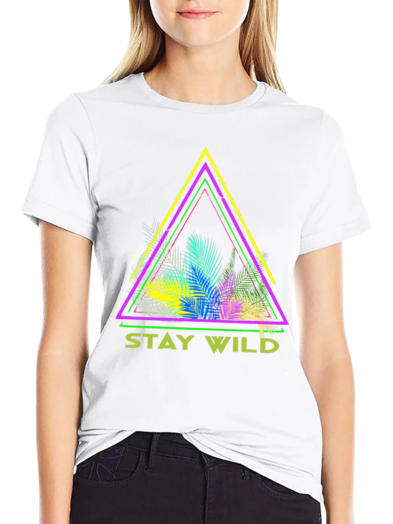 Stay Wild Graphic Tee - Neon Tropical Triangle Design