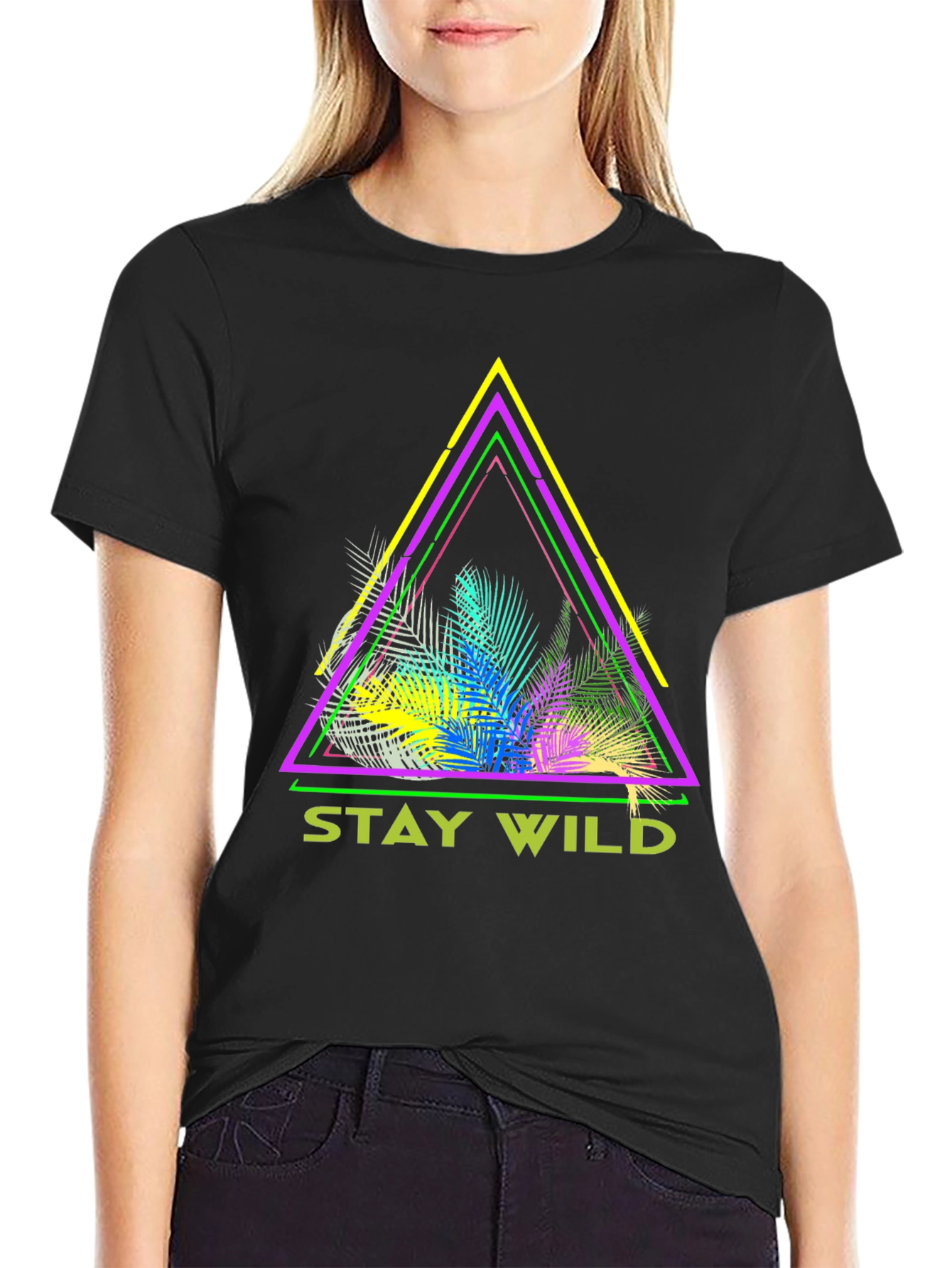Stay Wild Graphic Tee - Neon Tropical Triangle Design