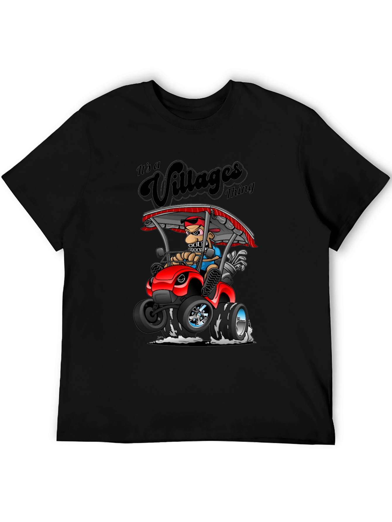 Villages Thing Cartoon Golf Cart Black T-Shirt