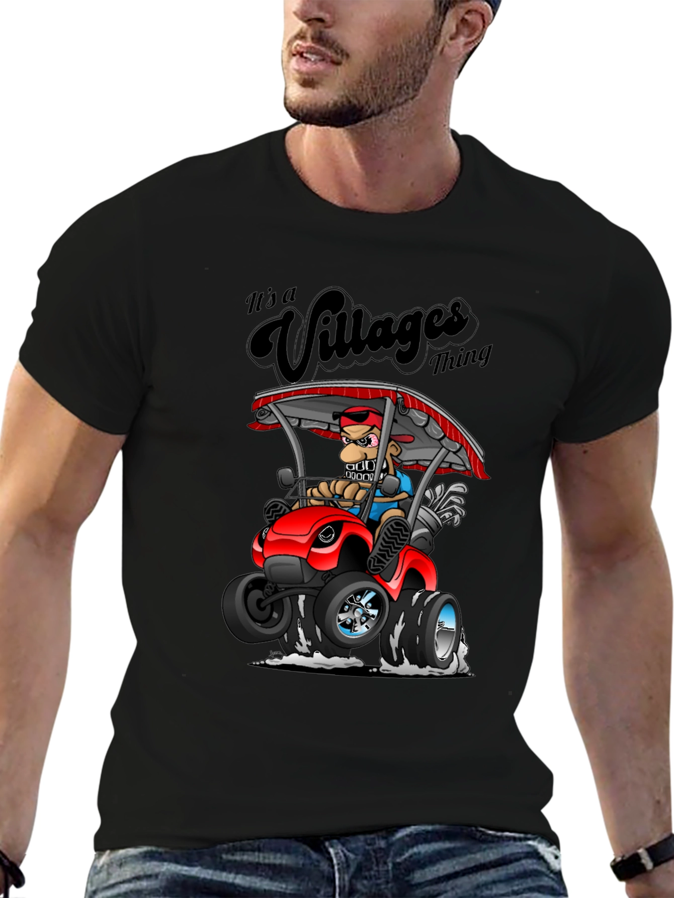 Villages Thing Cartoon Golf Cart Black T-Shirt