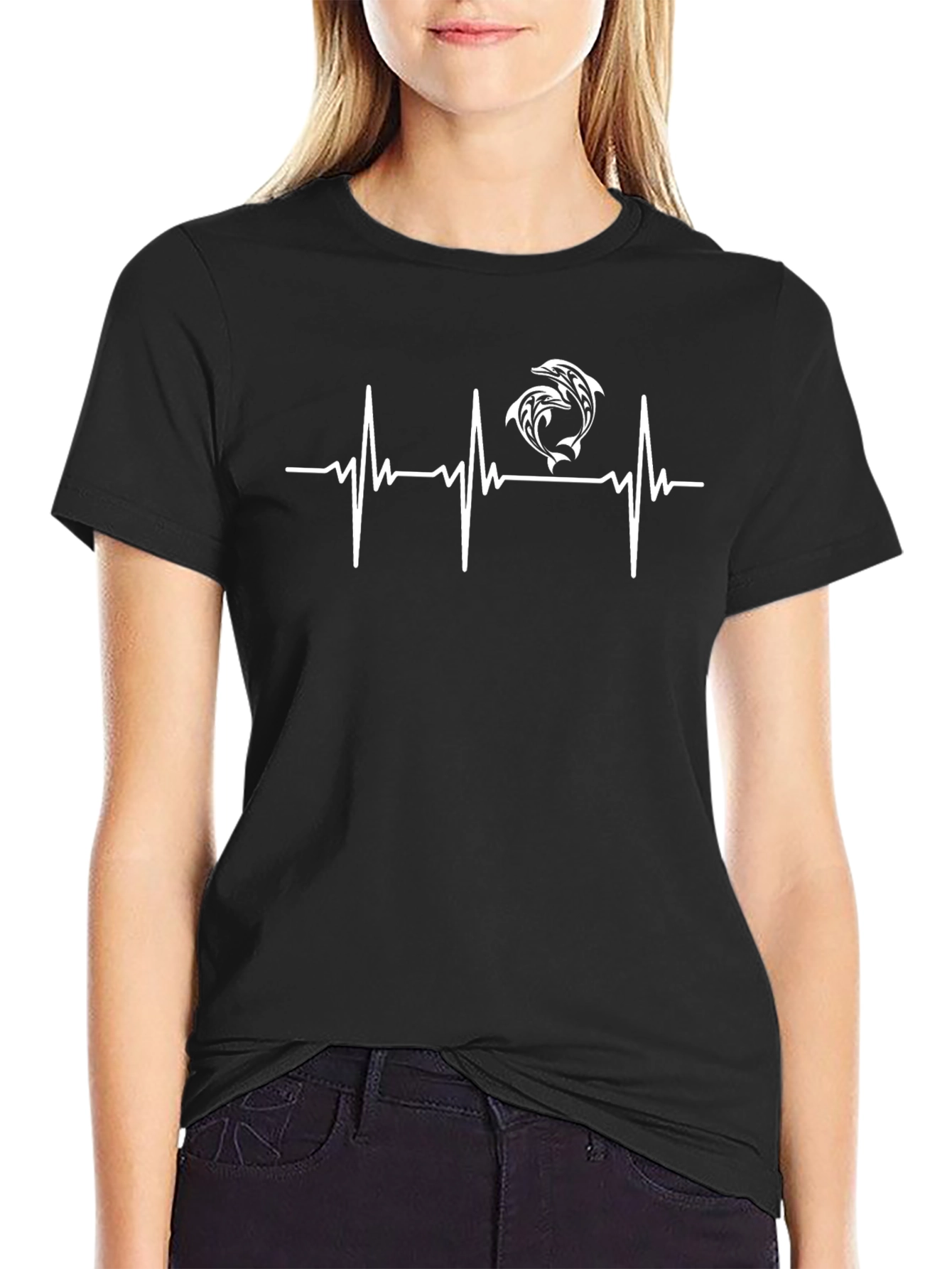 Dolphin Heartbeat Graphic Tee - Stylish Crew Neck Shirt