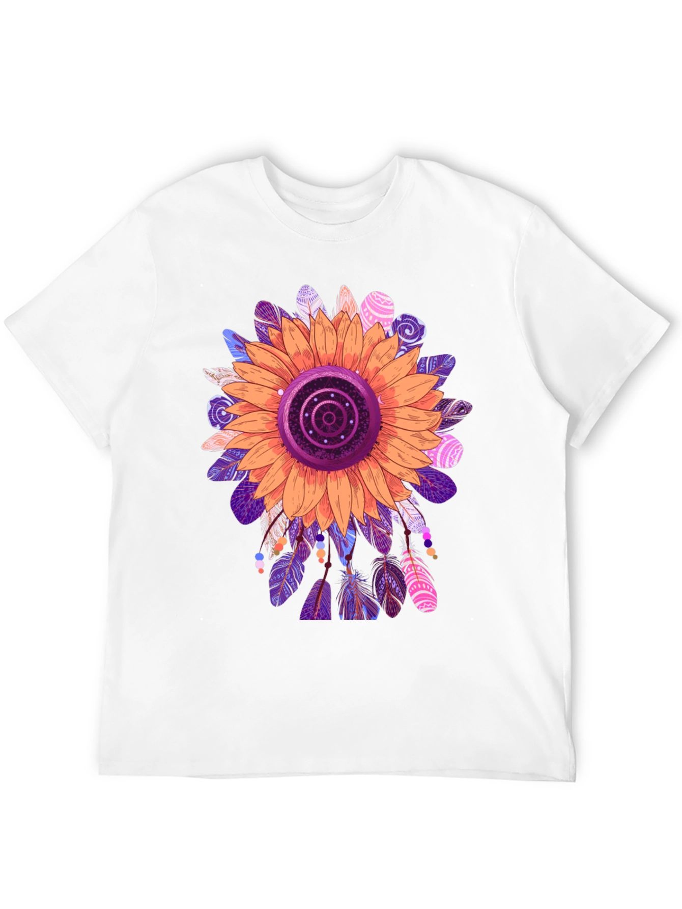 Sunflower Feather Print Black T-Shirt