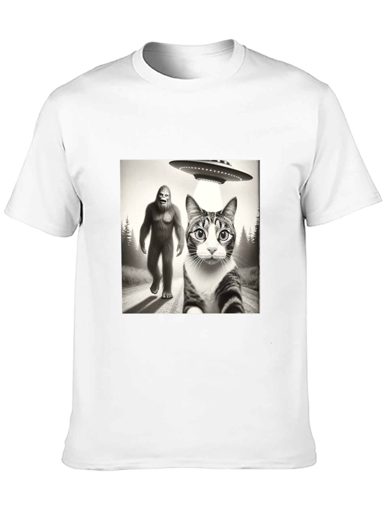 Sasquatch UFO & Cat T-Shirt - Black Novelty Tee