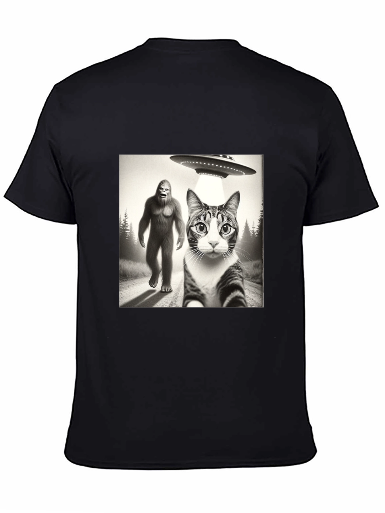 Sasquatch UFO & Cat T-Shirt - Black Novelty Tee