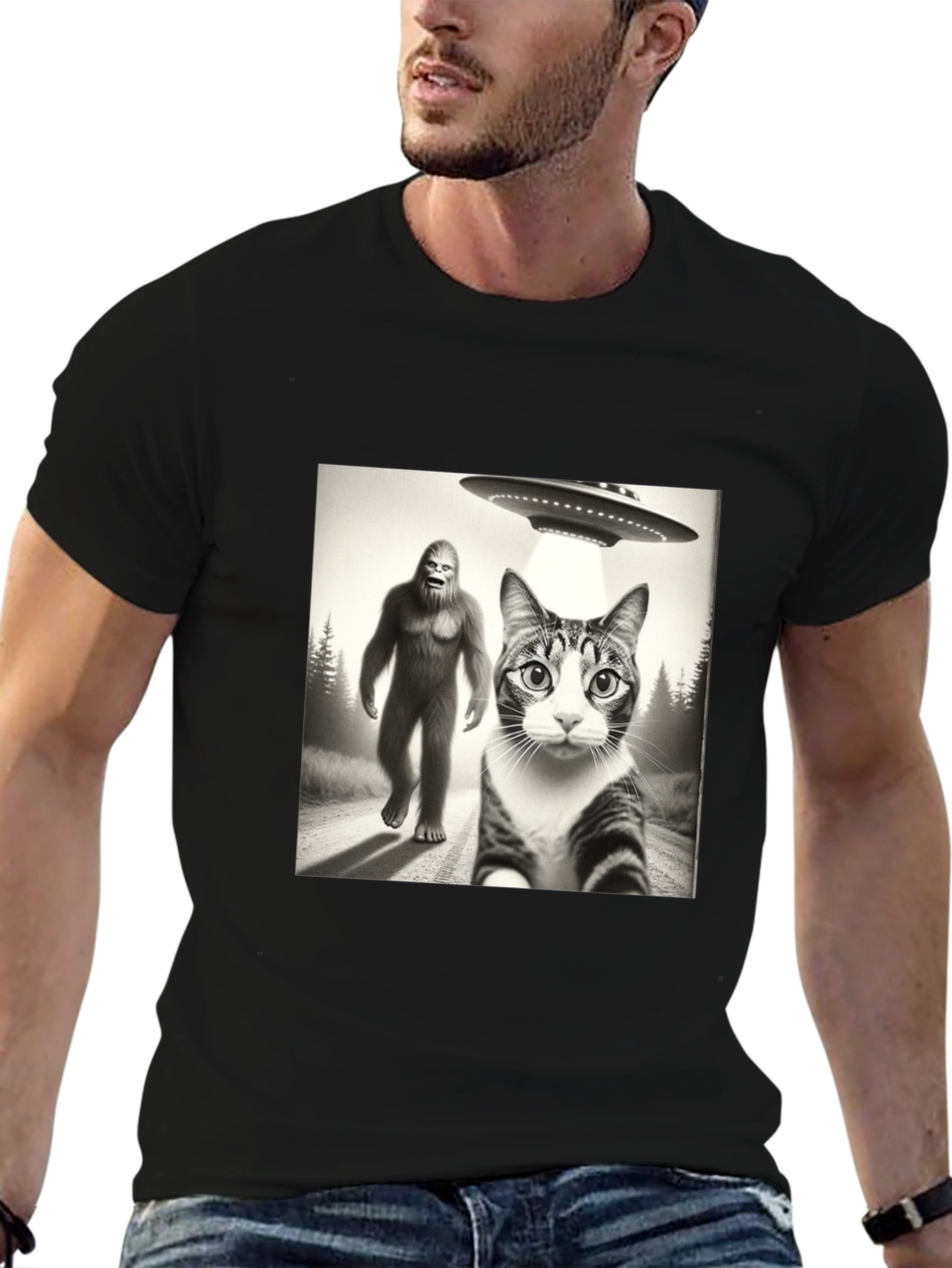 Sasquatch UFO & Cat T-Shirt - Black Novelty Tee