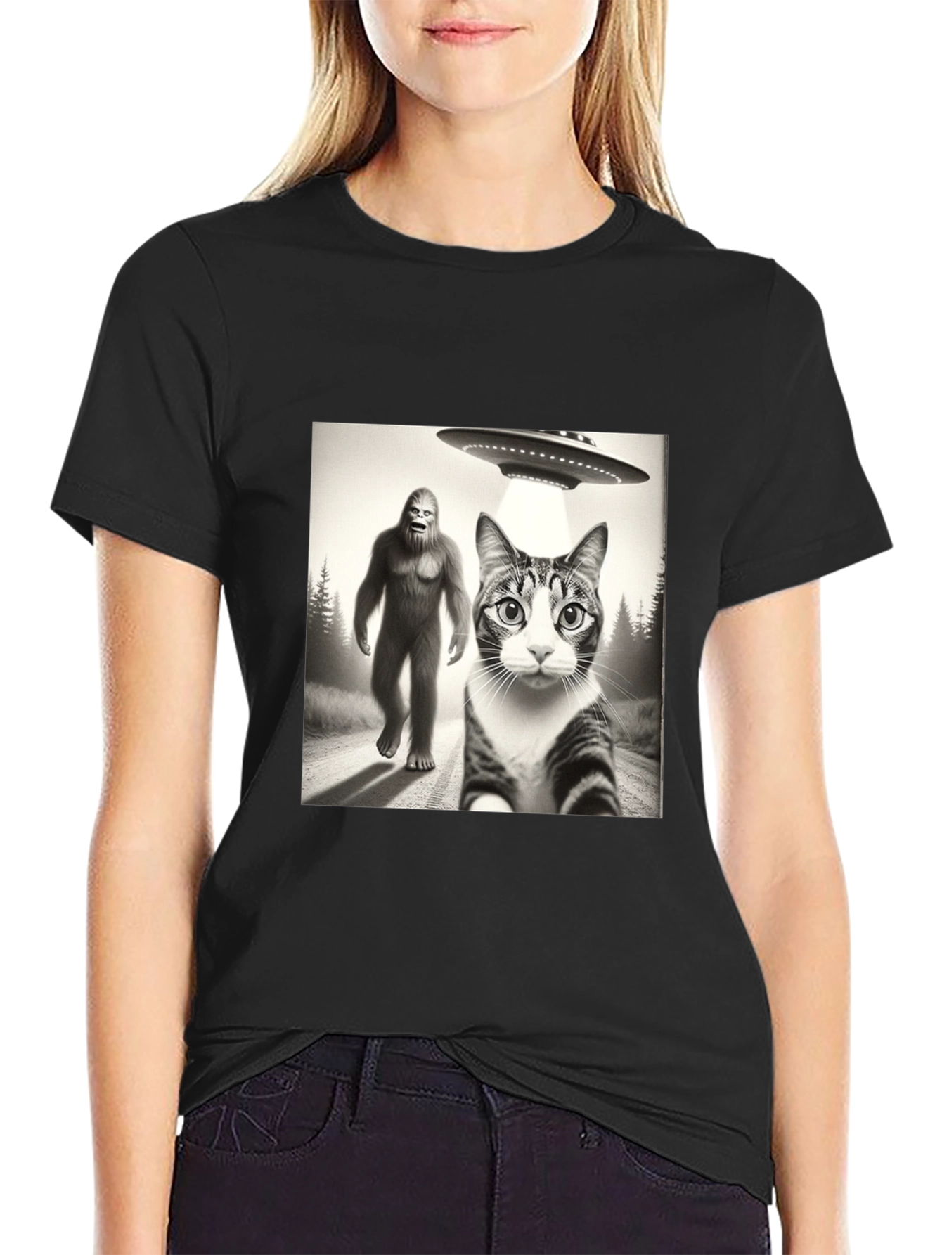 Sasquatch UFO & Cat T-Shirt - Black Novelty Tee