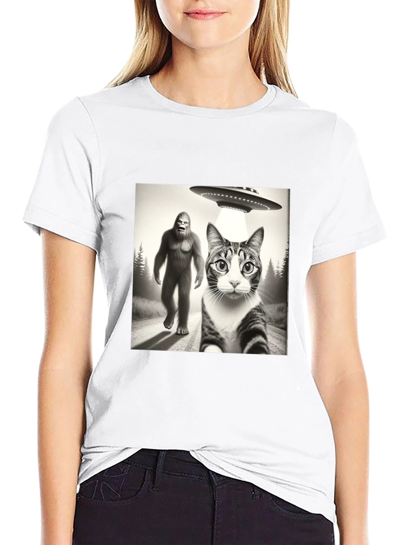 Sasquatch UFO & Cat T-Shirt - Black Novelty Tee