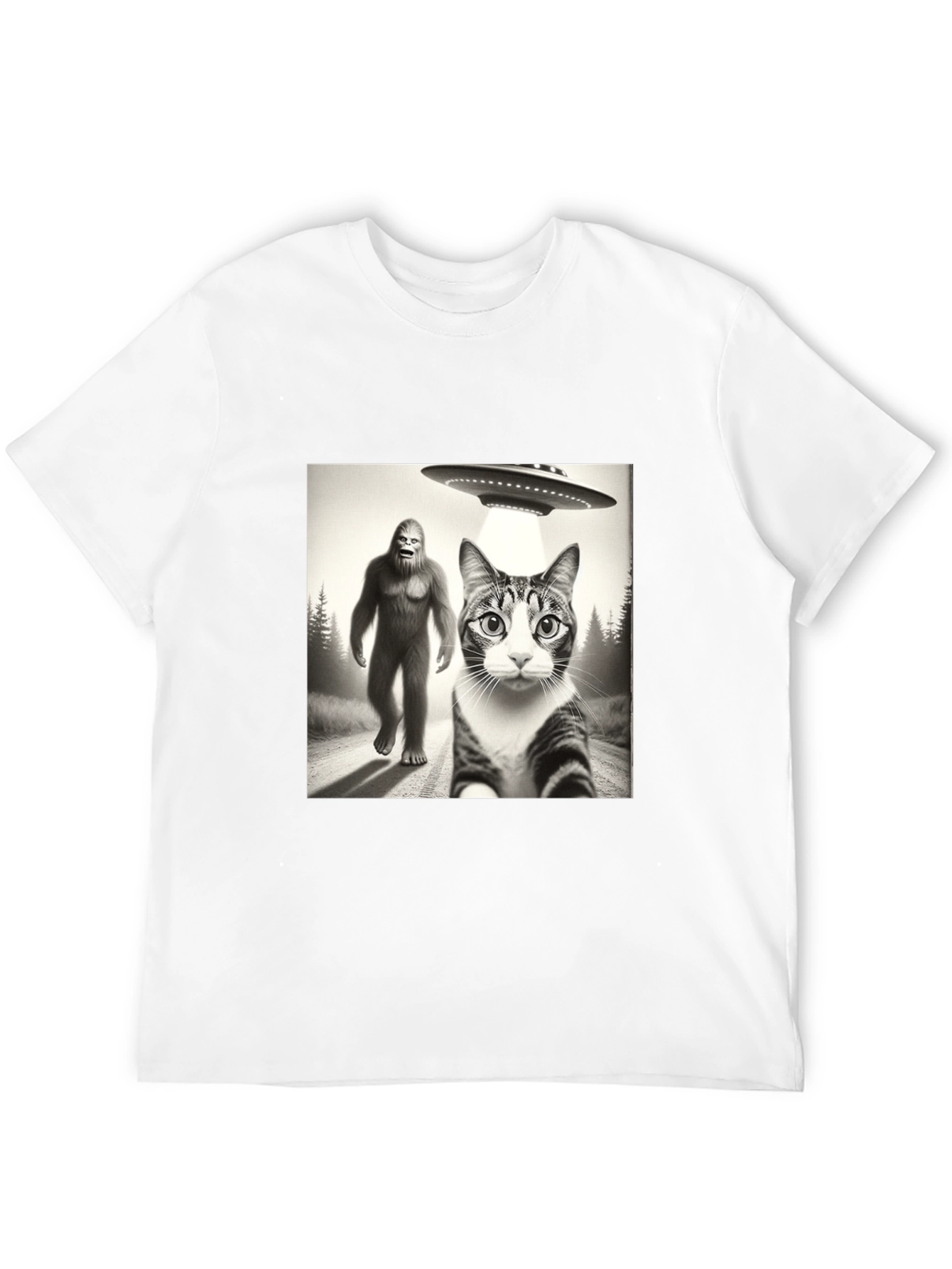 Sasquatch UFO & Cat T-Shirt - Black Novelty Tee
