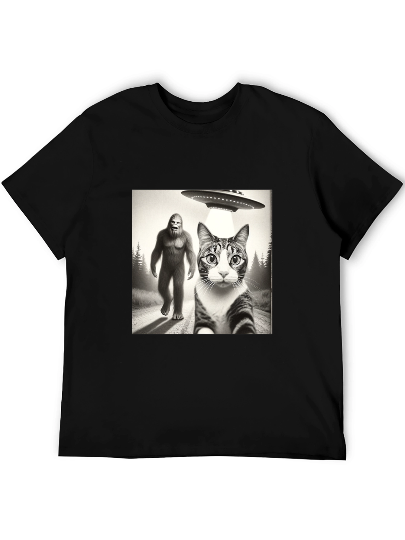 Sasquatch UFO & Cat T-Shirt - Black Novelty Tee