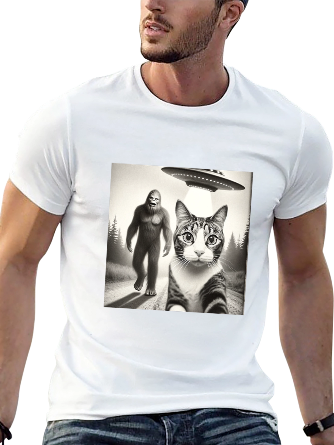 Sasquatch UFO & Cat T-Shirt - Black Novelty Tee