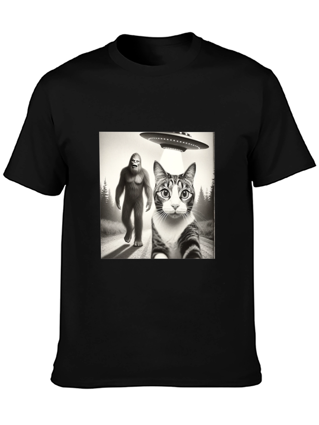 Sasquatch UFO & Cat T-Shirt - Black Novelty Tee