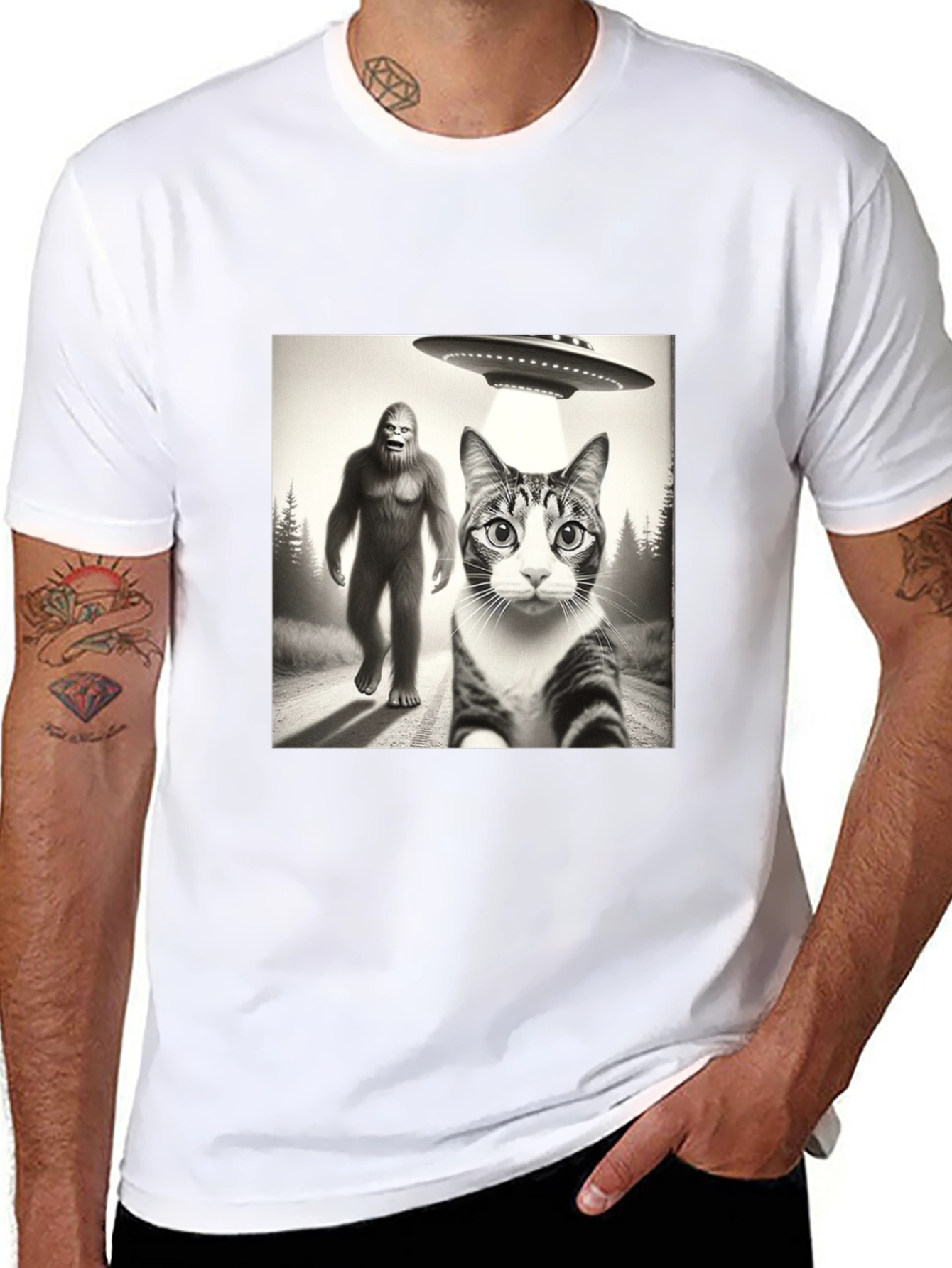 Sasquatch UFO & Cat T-Shirt - Black Novelty Tee