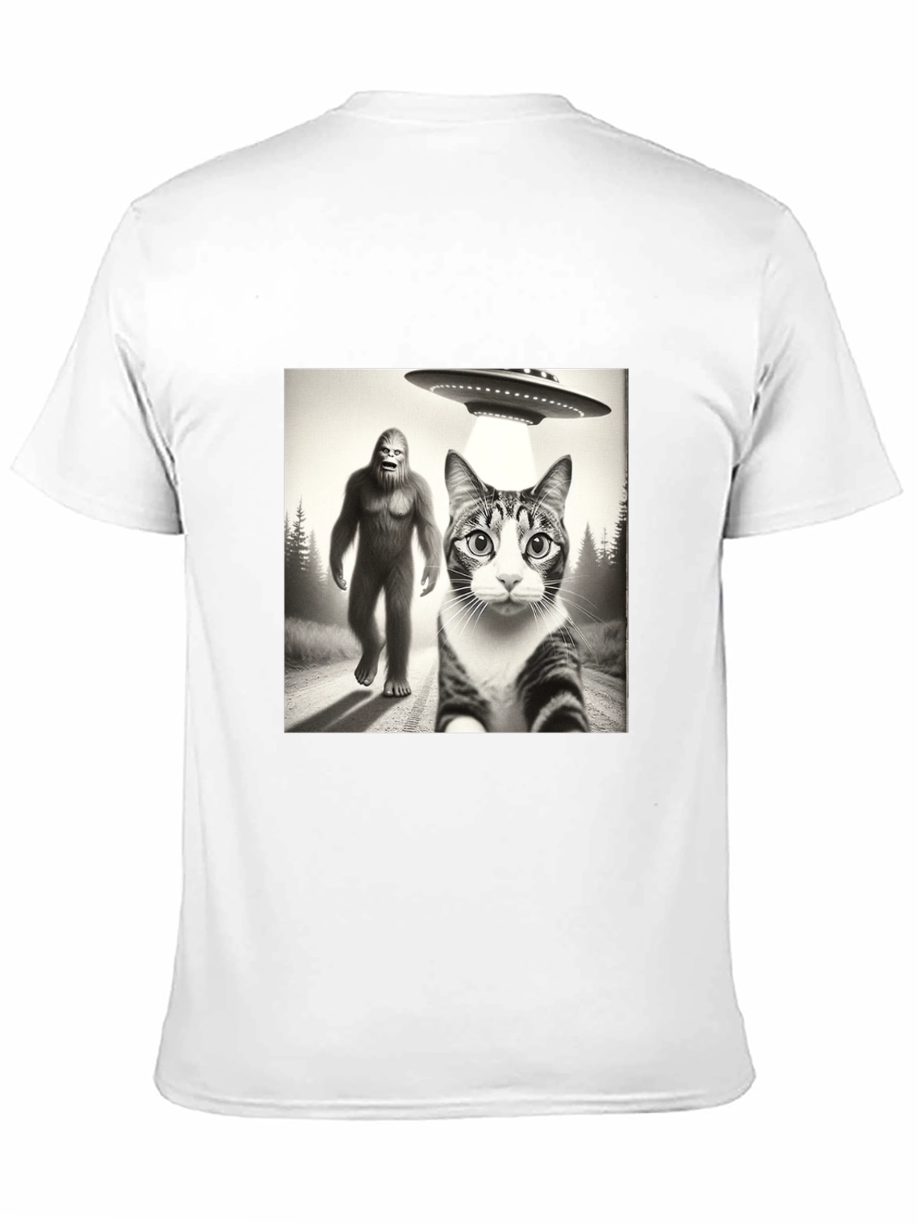 Sasquatch UFO & Cat T-Shirt - Black Novelty Tee