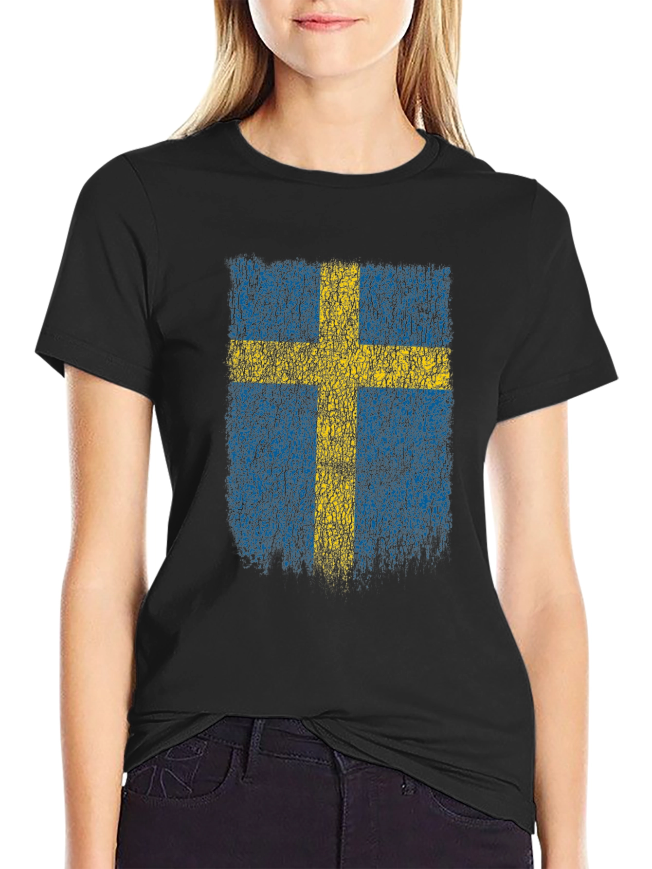 Swedish Flag Distressed T-Shirt - Black