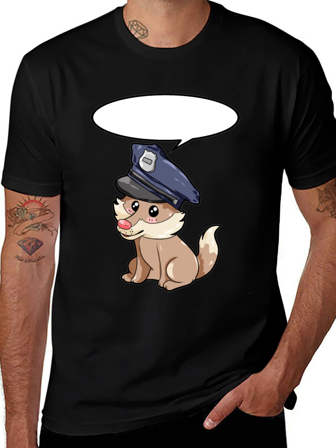 Cartoon Police Dog Black T-Shirt