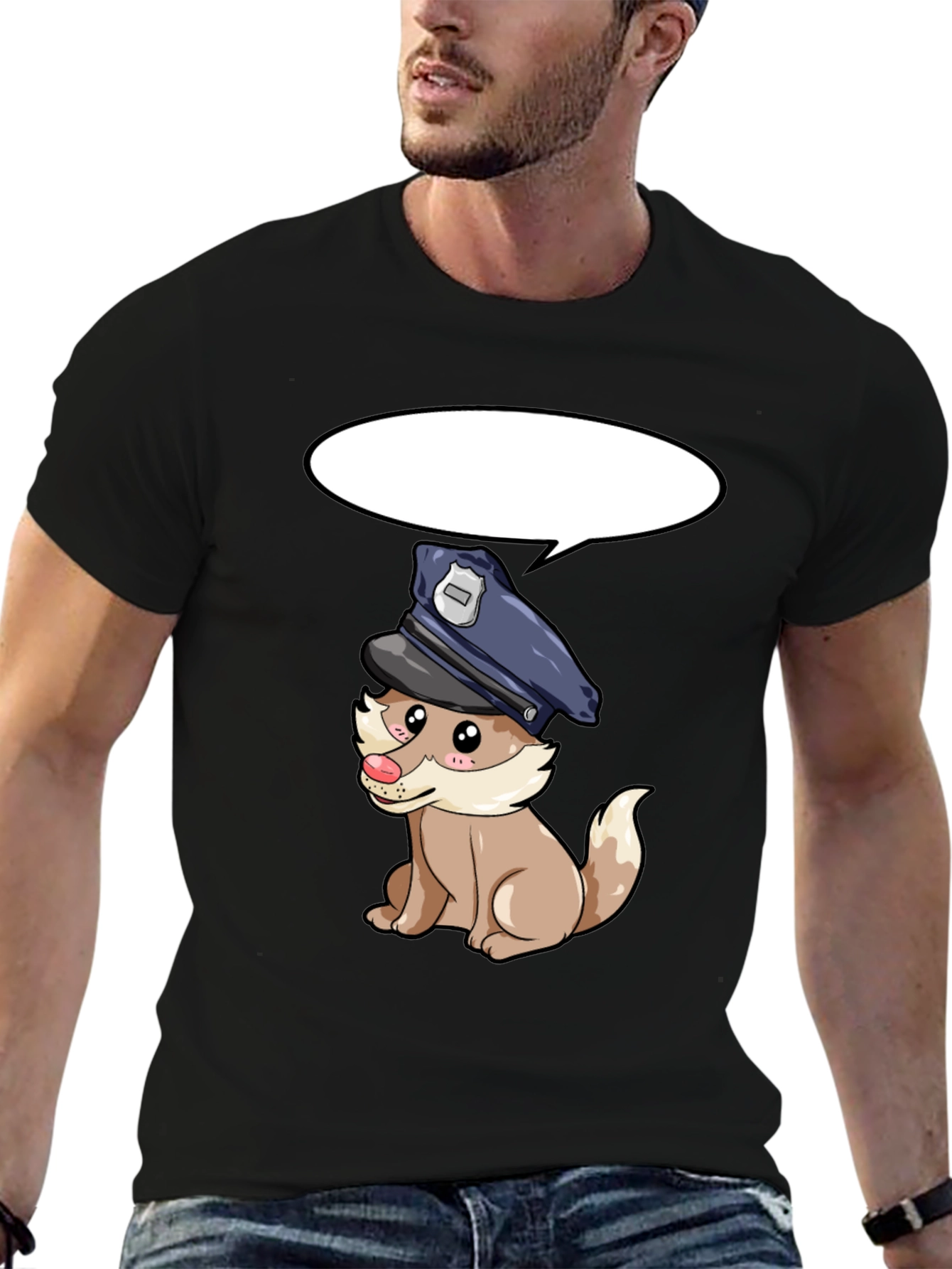 Cartoon Police Dog Black T-Shirt