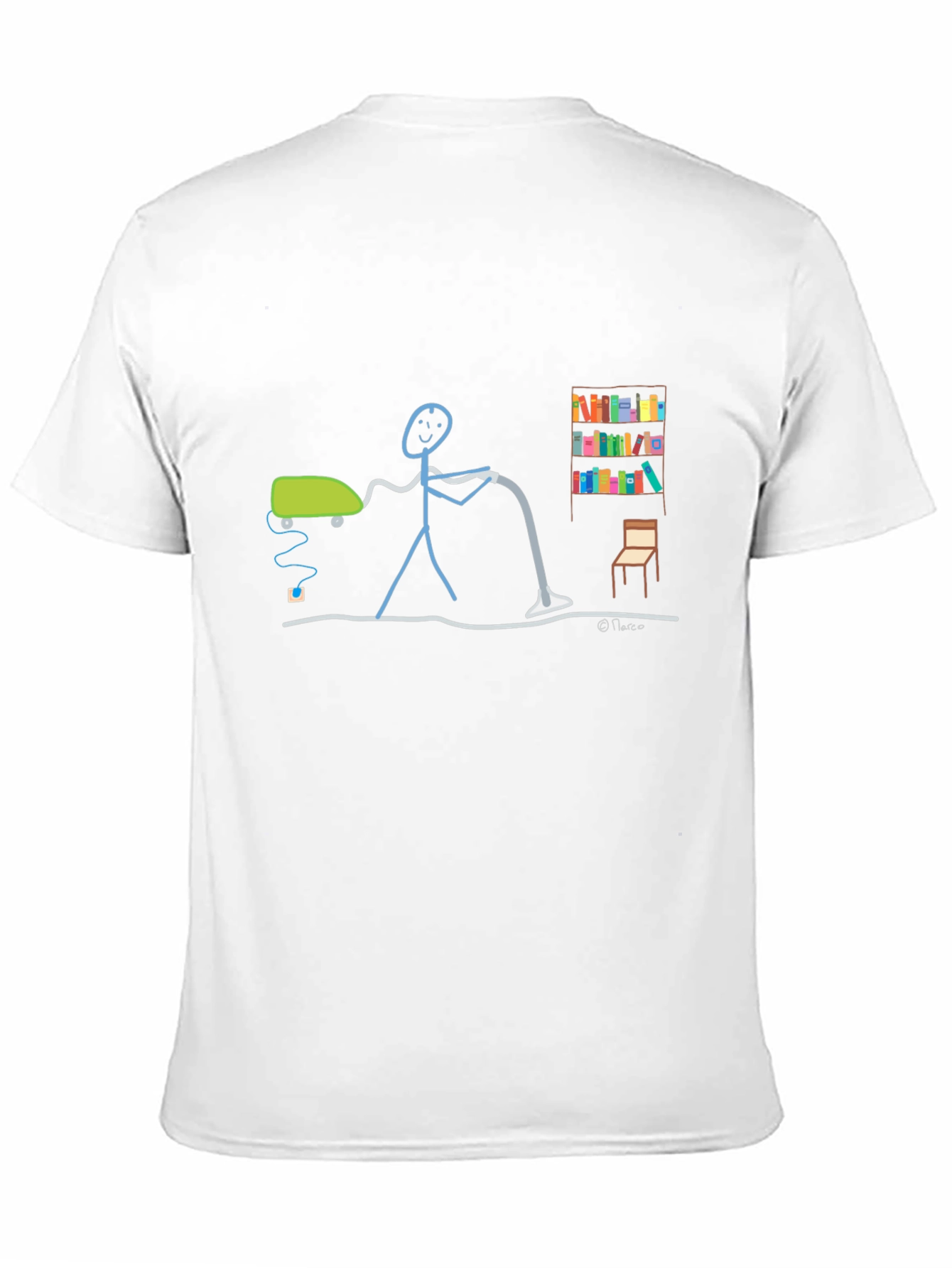 Humorous Stick Figure Vacuuming Black T-Shirt