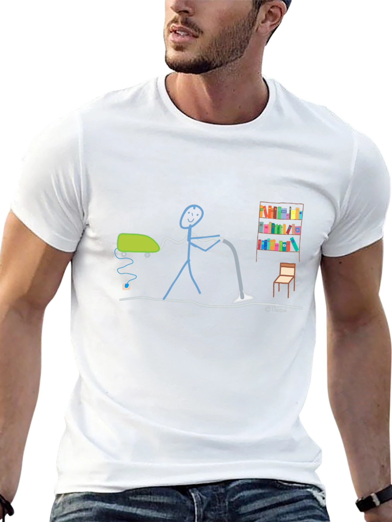 Humorous Stick Figure Vacuuming Black T-Shirt