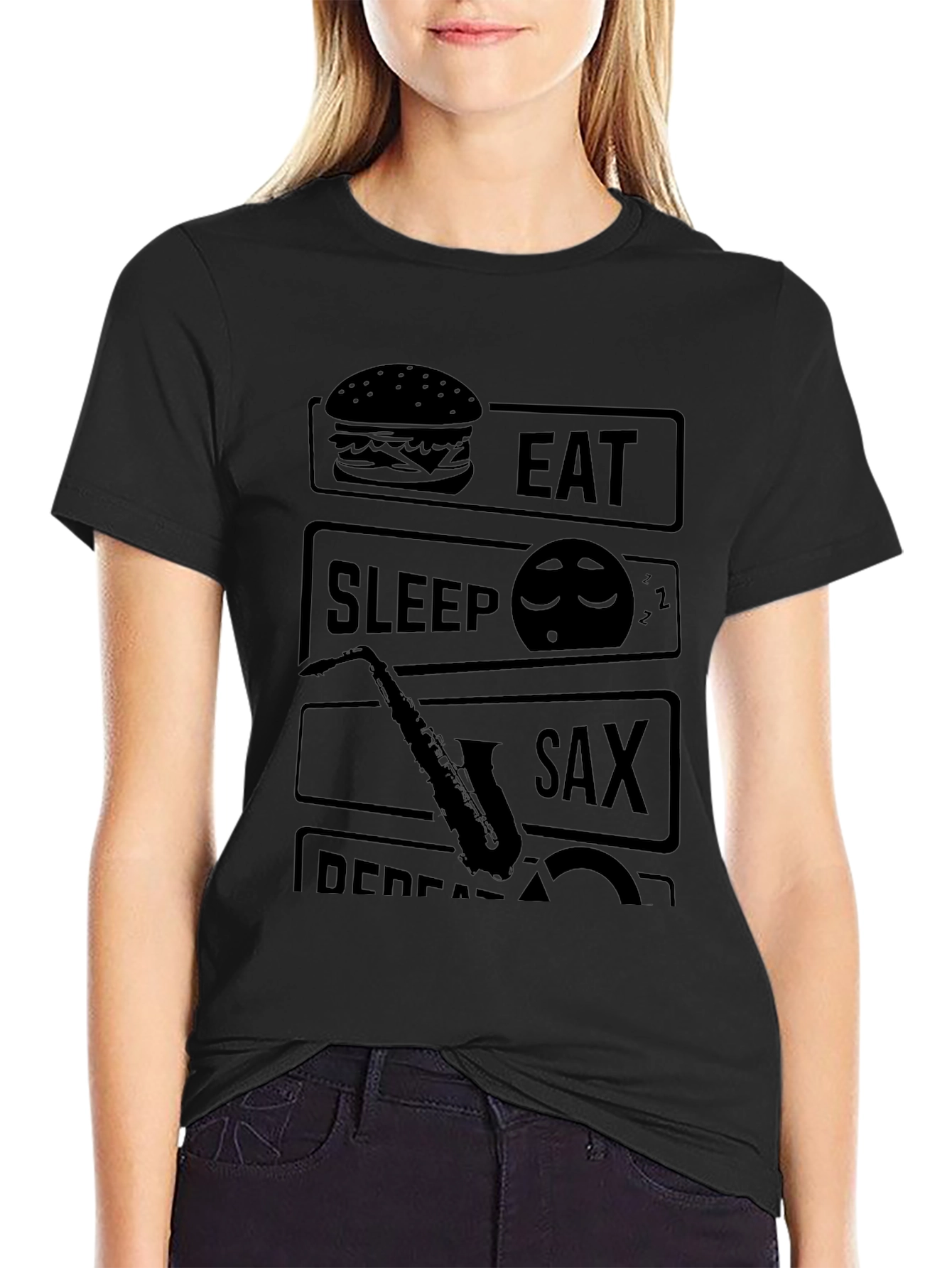 Eat Sleep Sax Repeat Black Graphic Tee