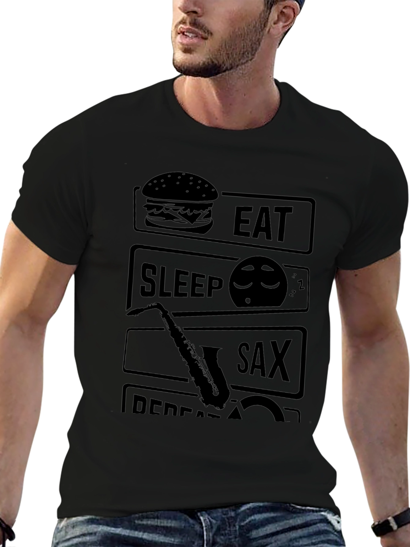 Eat Sleep Sax Repeat Black Graphic Tee