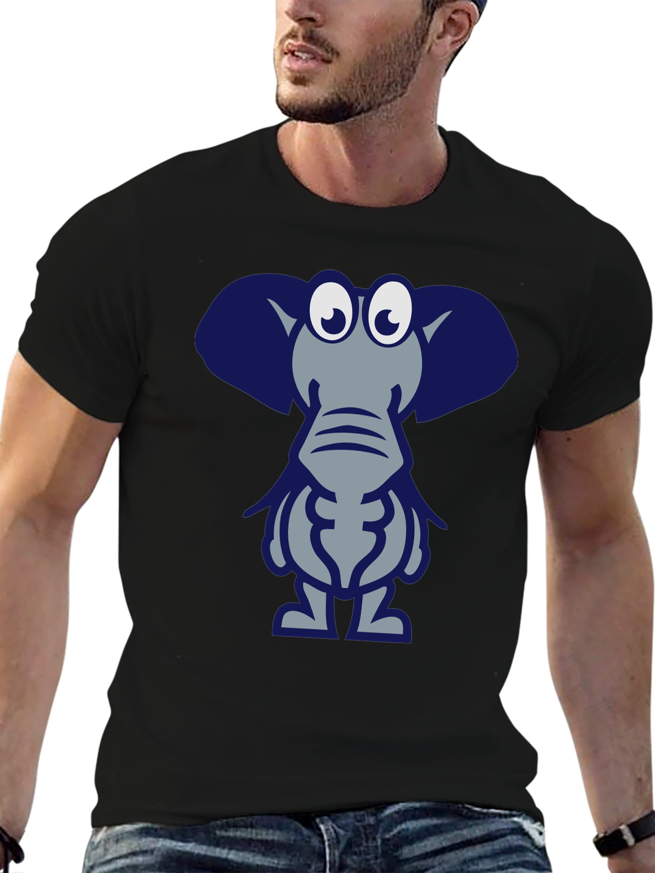 Cartoon Elephant Graphic Tee - Black Casual T-Shirt