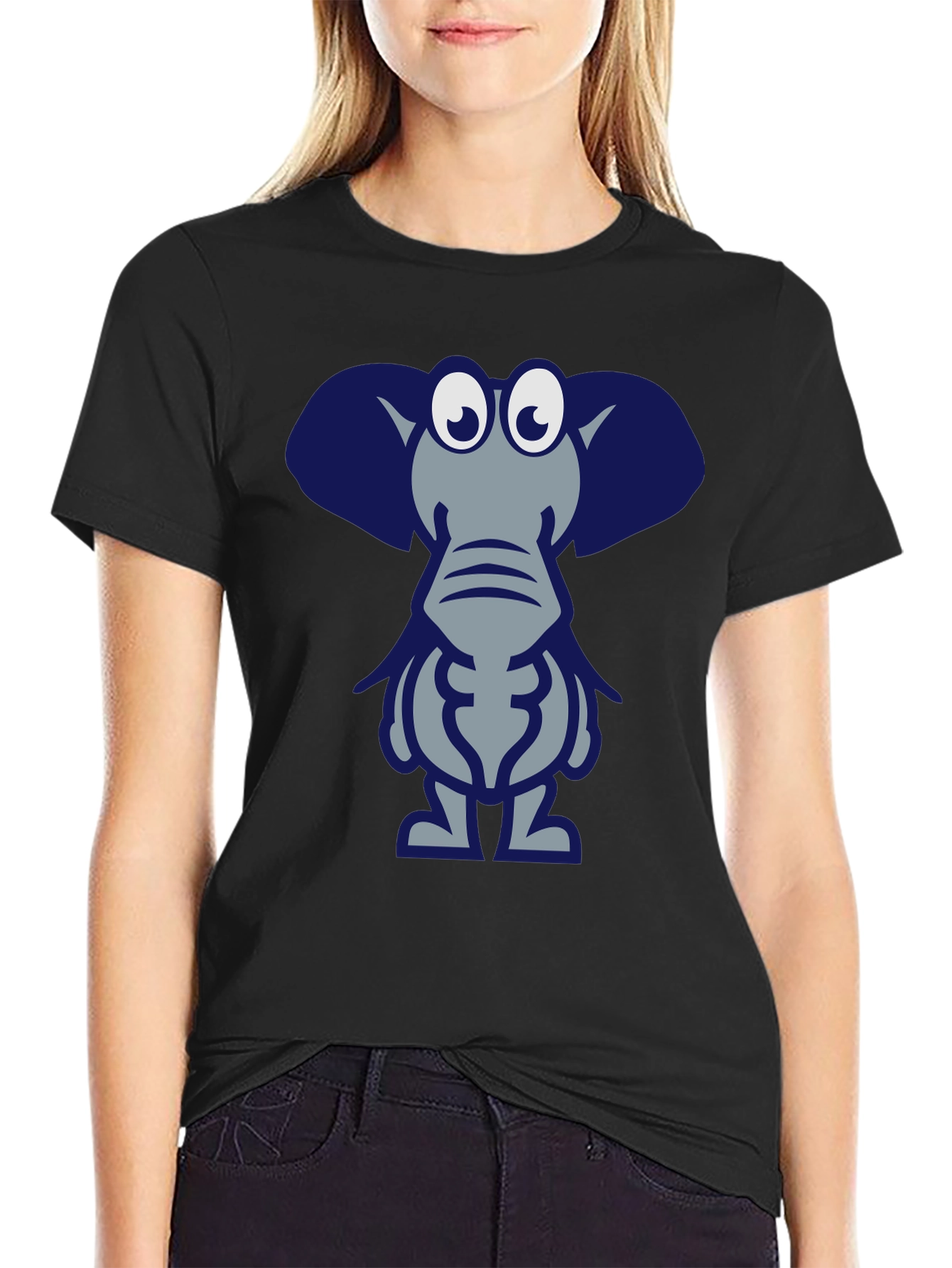 Cartoon Elephant Graphic Tee - Black Casual T-Shirt