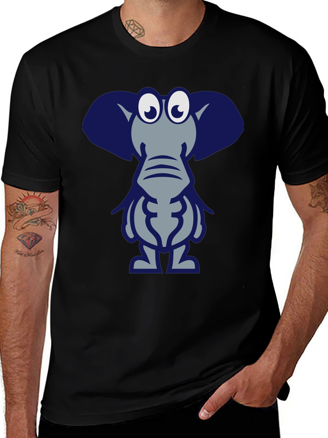Cartoon Elephant Graphic Tee - Black Casual T-Shirt