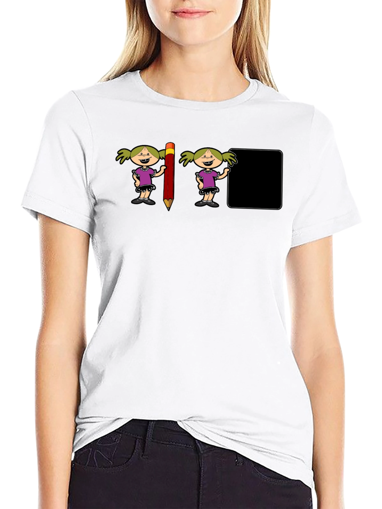 Novelty Graphic T-Shirt: Cartoon Girl & Pencil Design
