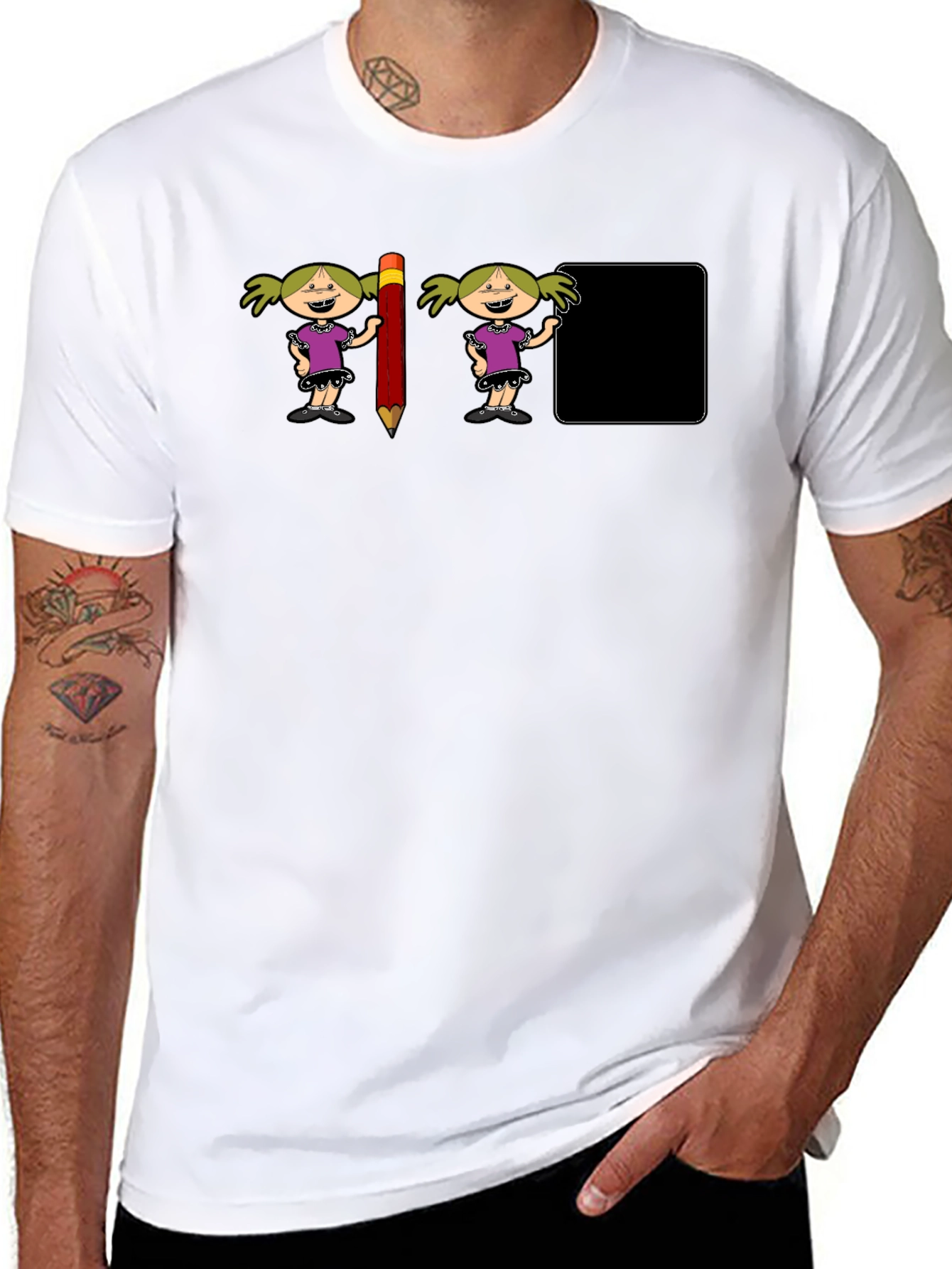 Novelty Graphic T-Shirt: Cartoon Girl & Pencil Design