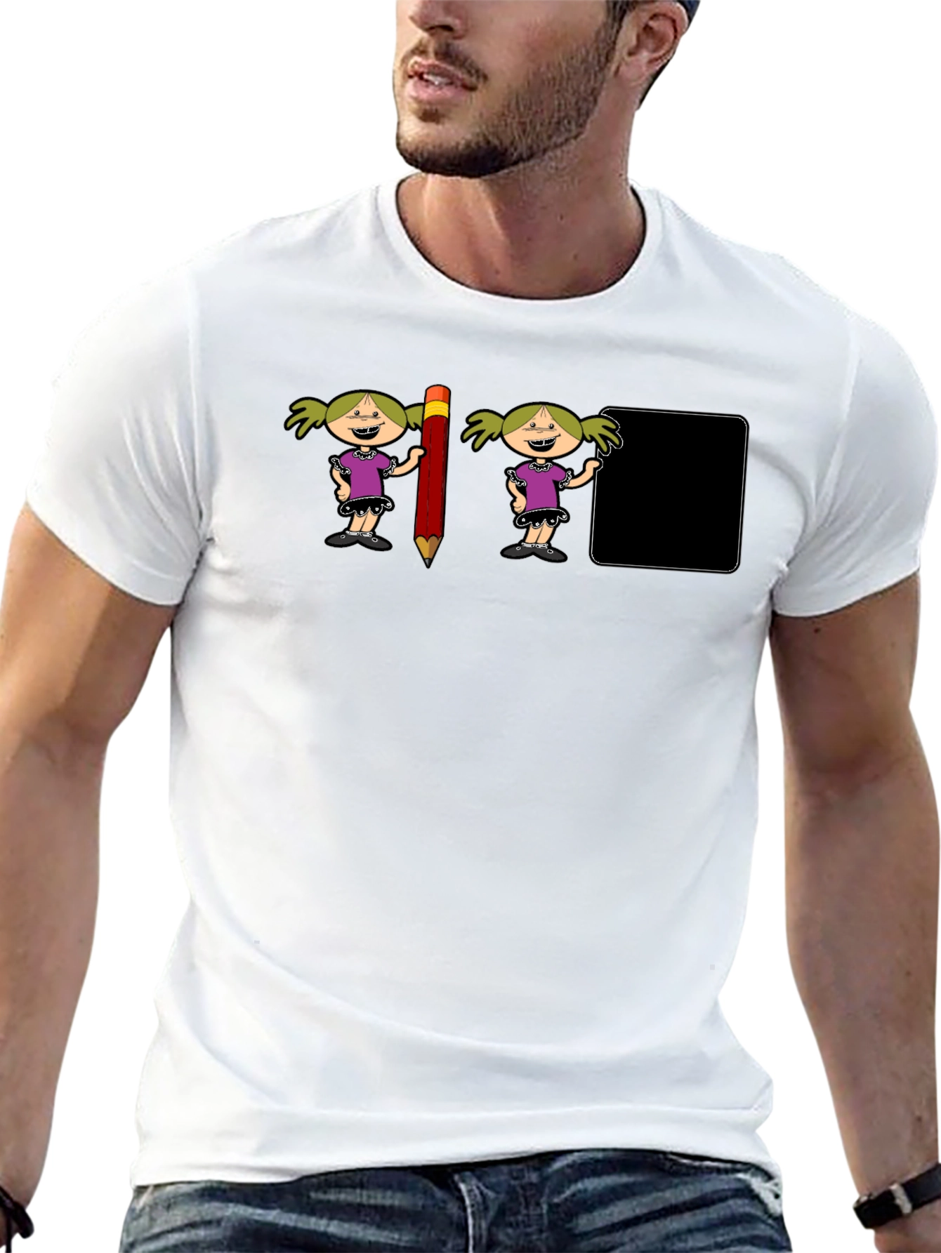 Novelty Graphic T-Shirt: Cartoon Girl & Pencil Design
