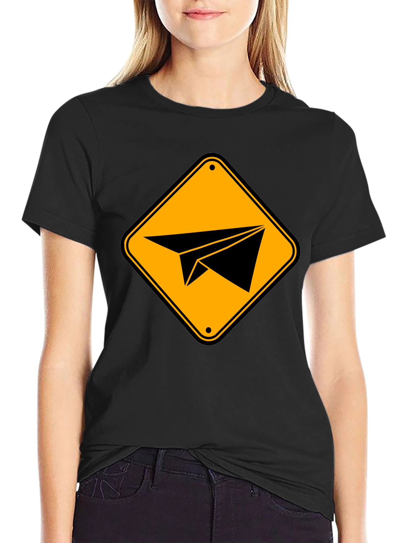 Paper Airplane Sign Graphic T-Shirt - Black