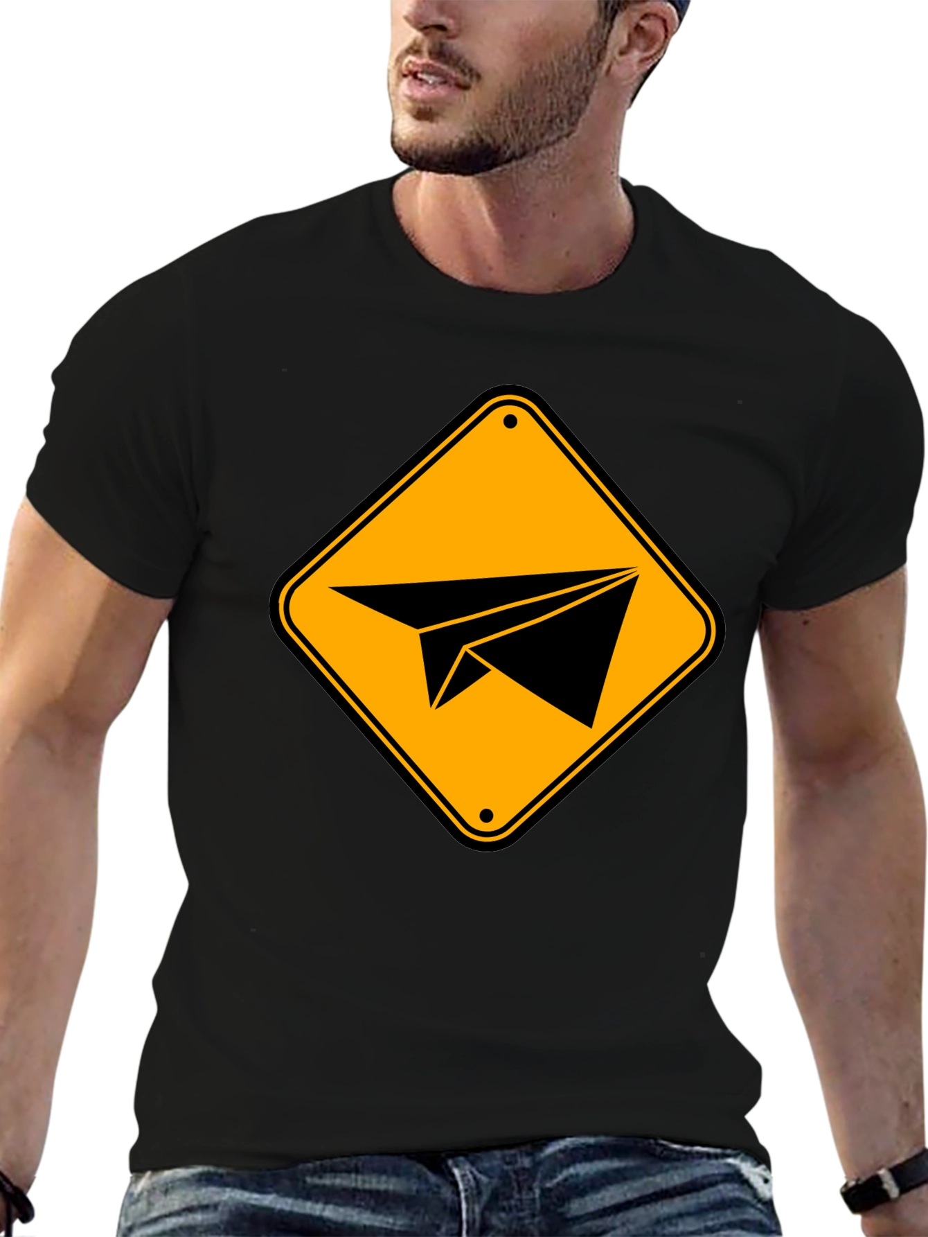 Paper Airplane Sign Graphic T-Shirt - Black